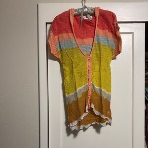 Moth Red and Yellow Ruffled Tie Front Short Sleeve Top